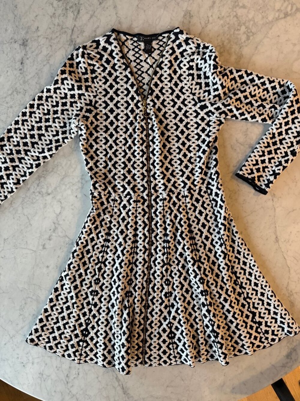 INC International Concepts Fit & Flare Sweater Dress | Black & White | Gold Zip